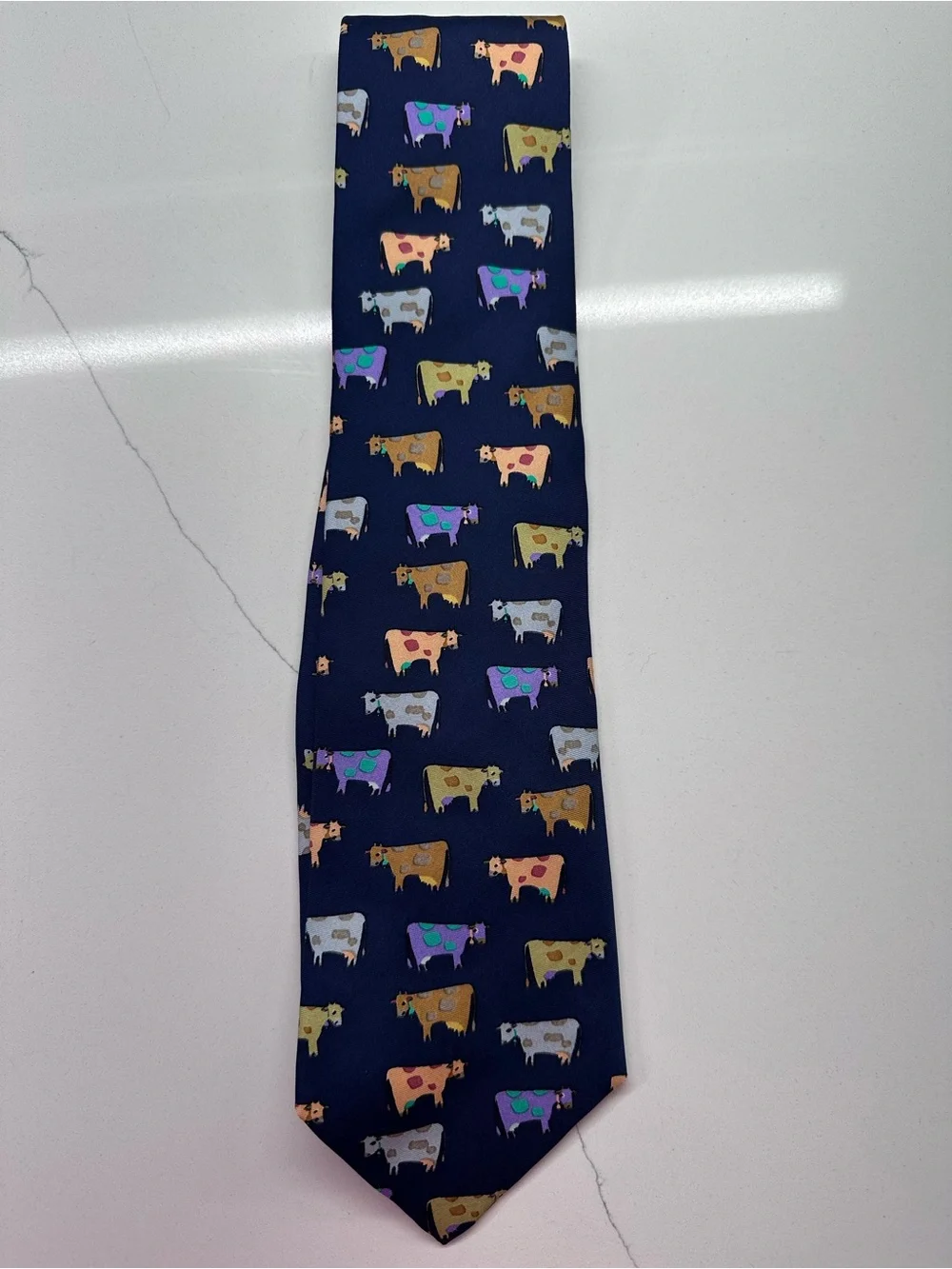 Cow Print Tie Navy Silk with colorful COWS in cartoon motif